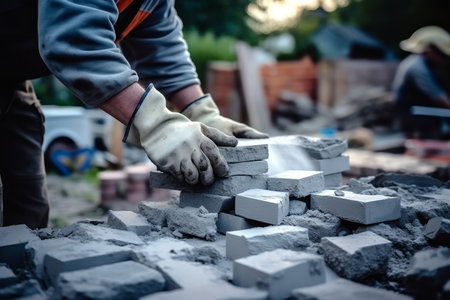 Professional worker using trowel for building brick walls with cement and mortarの写真素材