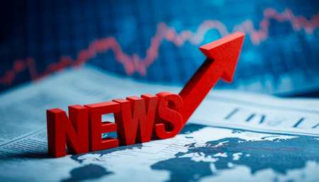 A dynamic graphic illustrating rising influence with an ascending arrow over a worldwide newspaper and fluctuating financial data, symbolizing growthの写真素材