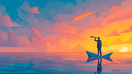 An individual in formal attire stands on a paper vessel, gazing through a telescope at dusk, symbolizing exploration and ambition amidst tranquil oceaの写真素材