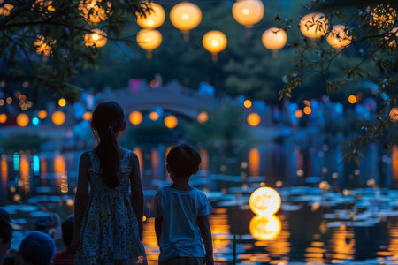 Chinese mid autumn festival families delight in moon watching traditions in parksの写真素材