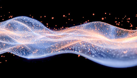 A sleek, luminous flow of digital lines and sparkling particles creates a futuristic ambiance against a dark backdrop, ideal for tech themes.の写真素材