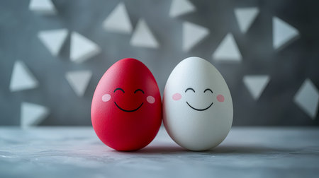 Playful red and white eggs with cheerful expressions and rosy cheeks, perfect for festive spring...