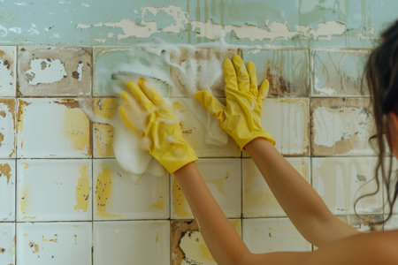 Young woman wearing rubber gloves cleaning light-toned tiled wall in home interiorの写真素材