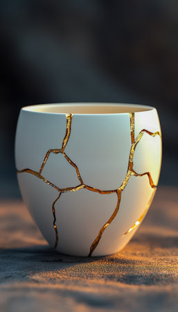 A delicate porcelain cup with shimmering gold trim exhibits a large fracture, resting on warm wooden planks, evoking vintage elegance and fragility.の写真素材