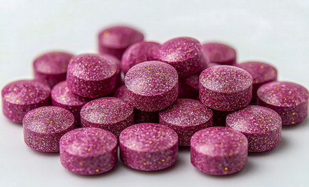 A vibrant array of shimmered sweets with sparkling coatings, artfully displayed on a clean white...