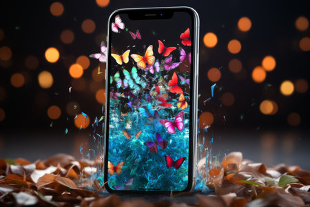 Smartphone with social media icons forming vibrant digital forest. seamless connectivity conceptの写真素材