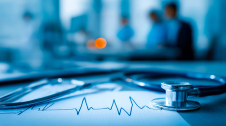 Healthcare experts analyze heart rhythm data on a clinical table using stethoscopes, illustrating teamwork in cardiac assessment and diagnosis.の写真素材