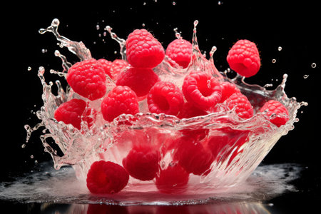 Capture the serene moment a fresh raspberry gracefully descends into a waiting bowlの写真素材