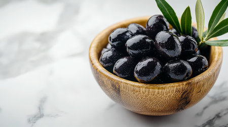 A glossy black olive assortment nestled among fresh green leaves, displayed on a sleek marble table for a refined, appetizing presentation.の写真素材