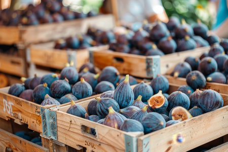 Fresh figs in wooden crates at mediterranean market, showcasing ripe fruits in traditional setting