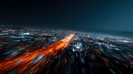 Vibrant aerial view capturing illuminated skyscrapers and streaks of moving vehicle lights,...