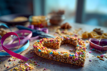 A cheerful scene featuring a lovingly crafted heart-shaped oatmeal treat decorated with vibrant...