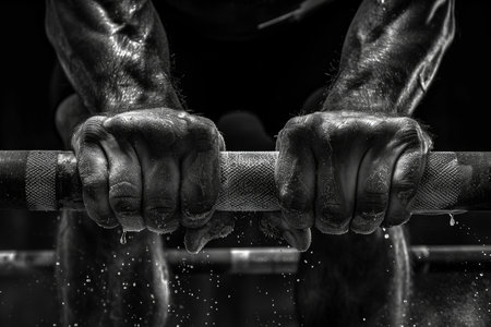 Determined weightlifter grips barbell, epitomizing strength and resilience in olympic weightliftingの写真素材