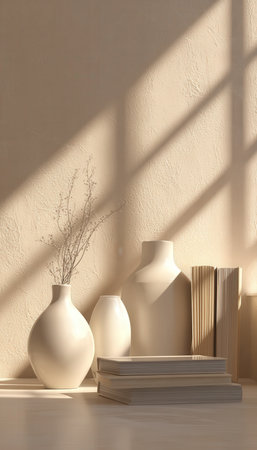 Soft sunlight bathes a sleek arrangement of glass vases and closed books, casting gentle shadows that create a calm, elegant atmosphere perfect for deの写真素材