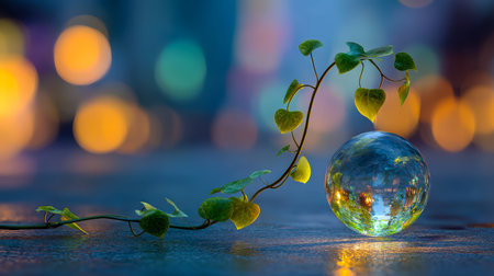 A delicate sprout emerges within a clear glass orb perched on a wooden base, set against a dreamy background of vibrant, out-of-focus light splashes.の写真素材