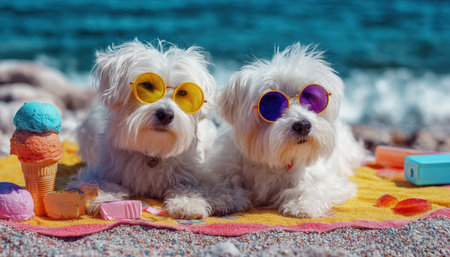 Two charming pups sport trendy shades as they lounge on sandy shores, enjoying icy treats and vibrant accessories for a cheerful beach vibe.の写真素材