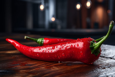 Vibrant red chili pepper close up with soft lighting, textured surface, and rich color