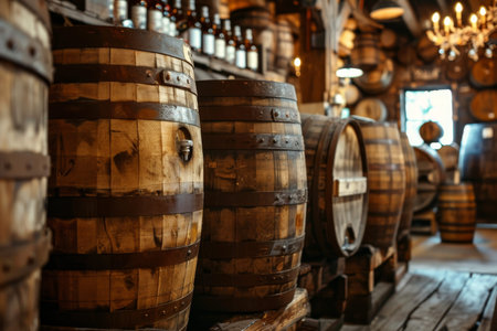Artisan beer brewing in rustic countryside barn with wooden barrels for local craft beer promotionの写真素材