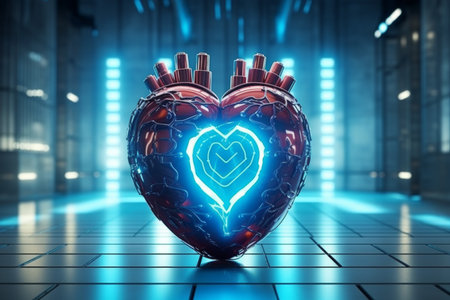 Cybernetic fusion of human heart in vibrant tech world creating digital masterpieceの写真素材