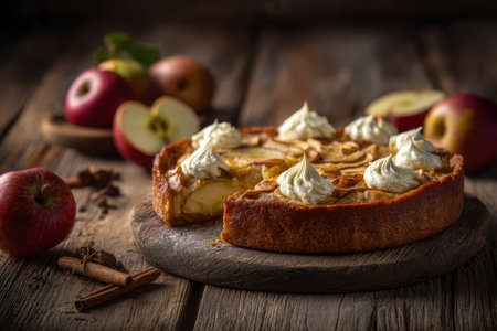 Warm, flaky apple pie topped with airy whipped cream rests on aged wood, surrounded by crisp apples and fragrant cinnamon sticks, evoking cozy homemadの写真素材