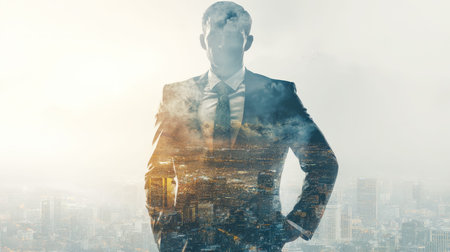 A confident businessman?s silhouette blends seamlessly with an urban skyline under a sky filled with clouds and bright sunlight, symbolizing ambitionの写真素材