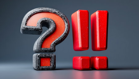 Vibrant, three-dimensional red punctuation icons depicting urgency and curiosity, set against a neutral gray backdrop for modern alert or inquiry themの写真素材