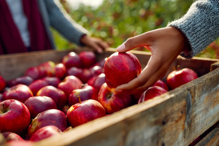 A hand picks ripe, glossy red apples from a lush orchard, with a woven basket ready to be filled, evoking freshness, nature, and harvest.の写真素材