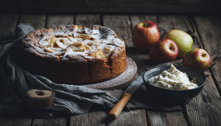 Warm apple cake topped with airy whipped cream rests on weathered wooden planks, evoking cozy autumn afternoons and inviting sweet indulgence.の写真素材