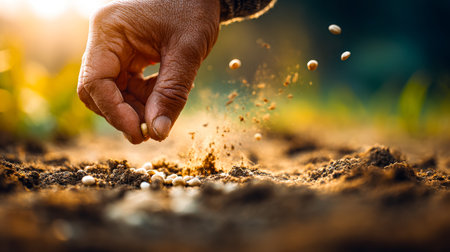 A human hand delicately deposits tiny seeds into rich earth as warm sunlight bathes the scene,...