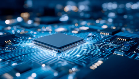 Macro shot highlighting a sleek microprocessor embedded in a vibrant blue circuit pathway,...