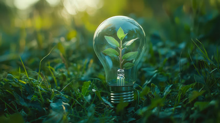 An illuminating glass globe cradle a sprouting green plant, embodying eco-conscious ideas and green energy solutions for a sustainable future.の写真素材