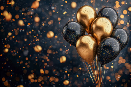Colorful balloons adorned with shimmering gold and black confetti hover against a vibrant backdrop, evoking joy and festive celebration moments.の写真素材