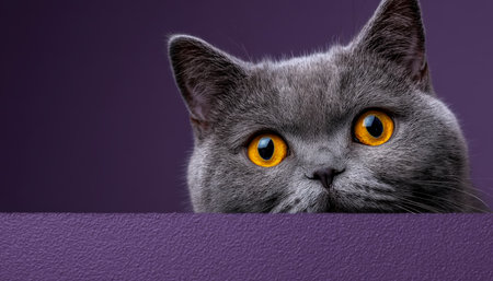 A curious gray feline with piercing yellow eyes gently peers over a violet-hued surface, blending mystery and tranquility in a rich purple landscape.の写真素材