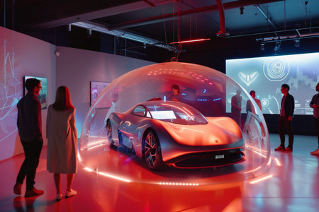 Futuristic car design studio with interactive holographic displays and digital art ambiance