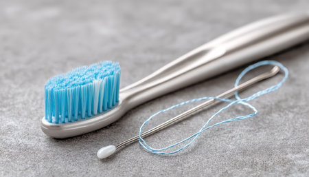 Close-up of a toothbrush and dental floss with a thread needle, highlighting oral care essentials arranged on a pristine surface for hygiene and groomの写真素材