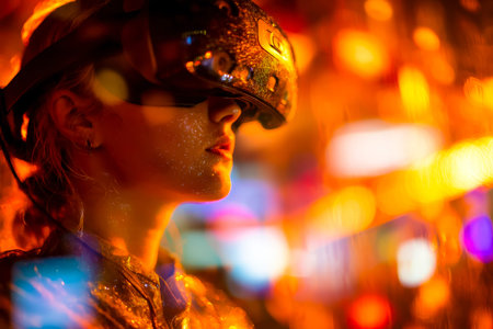 A modern woman dons a sleek, sci-fi inspired helmet amid vibrant neon glow, evoking a high-tech,...