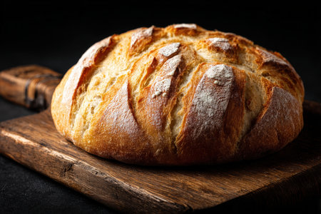 Warm, golden crust artisanal loaf with a textured surface, displayed on a rustic wooden board, evoking cozy baking moments.の写真素材