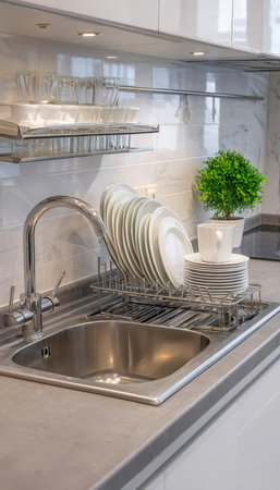 Sleek kitchen setup featuring a contemporary sink, organized drying space, and pristine white plates...