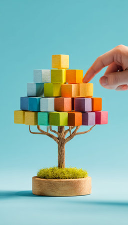 Vibrant wooden building pieces stacked like a budding tree, with a human finger gently resting on...