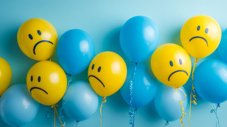 Bright blue and yellow balloons with expressive sad face emoticons create a playful yet somber decoration, ideal for themed events or emotionally awareの写真素材