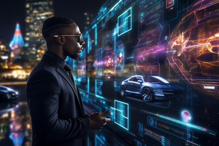 Automotive engineer operating advanced technology in futuristic car manufacturing assembly lineのeditorial素材