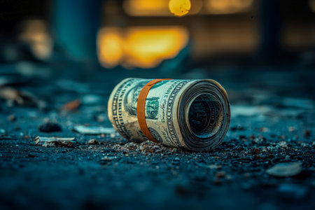 Close-up of tightly coiled dollar notes resting on a rough, industrial surface with a softly blurred backdrop, evoking themes of finance and urban griの写真素材