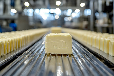 A line of large cheese blocks moves along industrial equipment in a well-lit dairy processing plant, showcasing live manufacturing processes.の写真素材