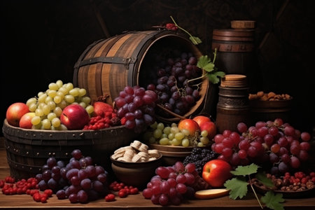 Medieval still life with abundant fruits, vegetables, and meat in classic knightly styleの写真素材