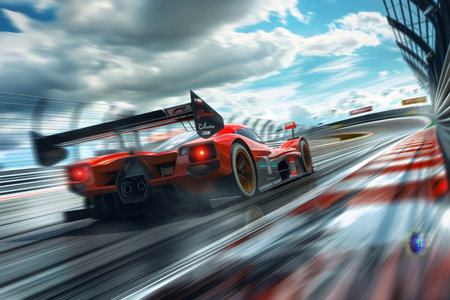 Speeding racing car with motion blur competitive motorsports team in action on track digital artの写真素材