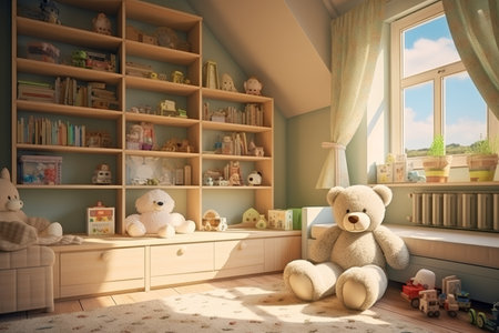 Bright and colorful childrens room with modern furniture and toys, sunlit ambianceの写真素材