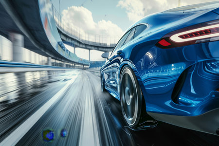 Blue business car speeding on curve of high-speed highway, rear view with motion blur effectの写真素材