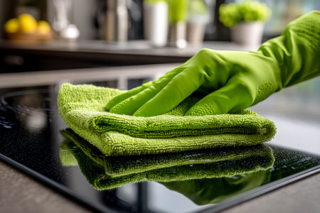 A clean kitchen scene featuring a hand in vibrant green gloves wiping down a stove surface with a matching microfiber cloth, emphasizing freshness andの写真素材
