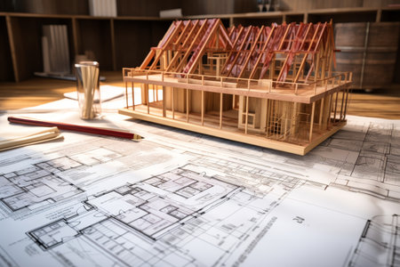 3d small residential house model on architectural floor plan layout with furniture and landscapingの写真素材