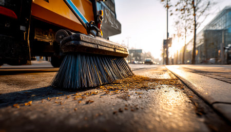 A modern street sweeper clears scattered litter along a bustling city walkway bathed in warm sunset hues, capturing urban cleanliness and evening ambianceの写真素材